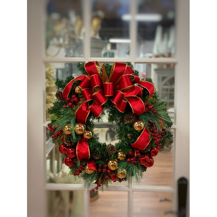 Red and Gold Holiday Wreath with Ornaments and Pine Cones